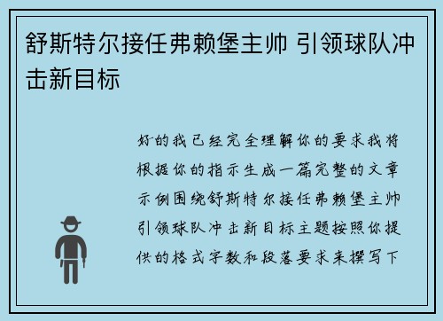 舒斯特尔接任弗赖堡主帅 引领球队冲击新目标