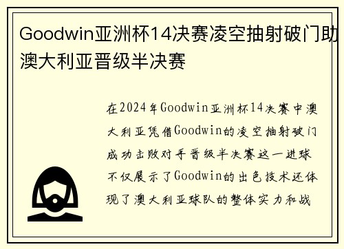 Goodwin亚洲杯14决赛凌空抽射破门助澳大利亚晋级半决赛 Goodwin亚洲杯14决赛凌空抽射破门助澳大利亚晋级半决赛